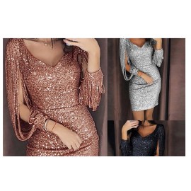 2023 New Women Sexy Dresses Glitter Sparkly Sequin Tassel Sleeves V Neck Club Mini Skinny Sundress Elegant Ladies Party Dresses