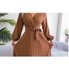 Women Elegant V Neck Long Sleeve Pleated Maxi Dress
