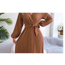 Women Elegant V Neck Long Sleeve Pleated Maxi Dress
