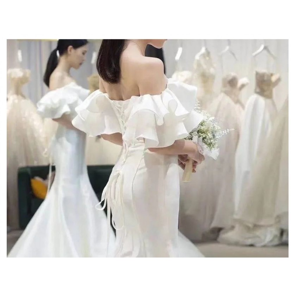 Elegant Waisted Fishtail One-shoulder Evening Dresses Temperament Slim Waist Wedding Party Dress Ruffles Sleeve Design Prom Robe