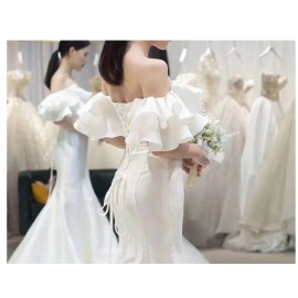Elegant Waisted Fishtail One-shoulder Evening Dresses Temperament Slim Waist Wedding Party Dress Ruffles Sleeve Design Prom Robe