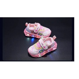 Disney LED Casual Sneakers For Spring Girls Frozen Elsa Princess Print Pu Leather Shoes Children Lighted Non-slip Pink Purple