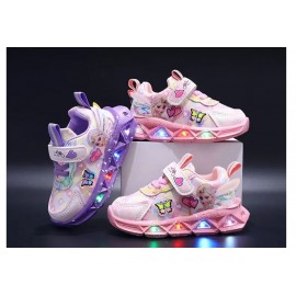 Disney LED Casual Sneakers For Spring Girls Frozen Elsa Princess Print Pu Leather Shoes Children Lighted Non-slip Pink Purple